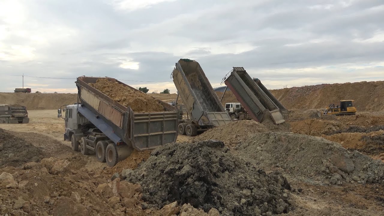 Incredible big pond filling process machinery operating skill New Shantui bulldozer and Dump trucks