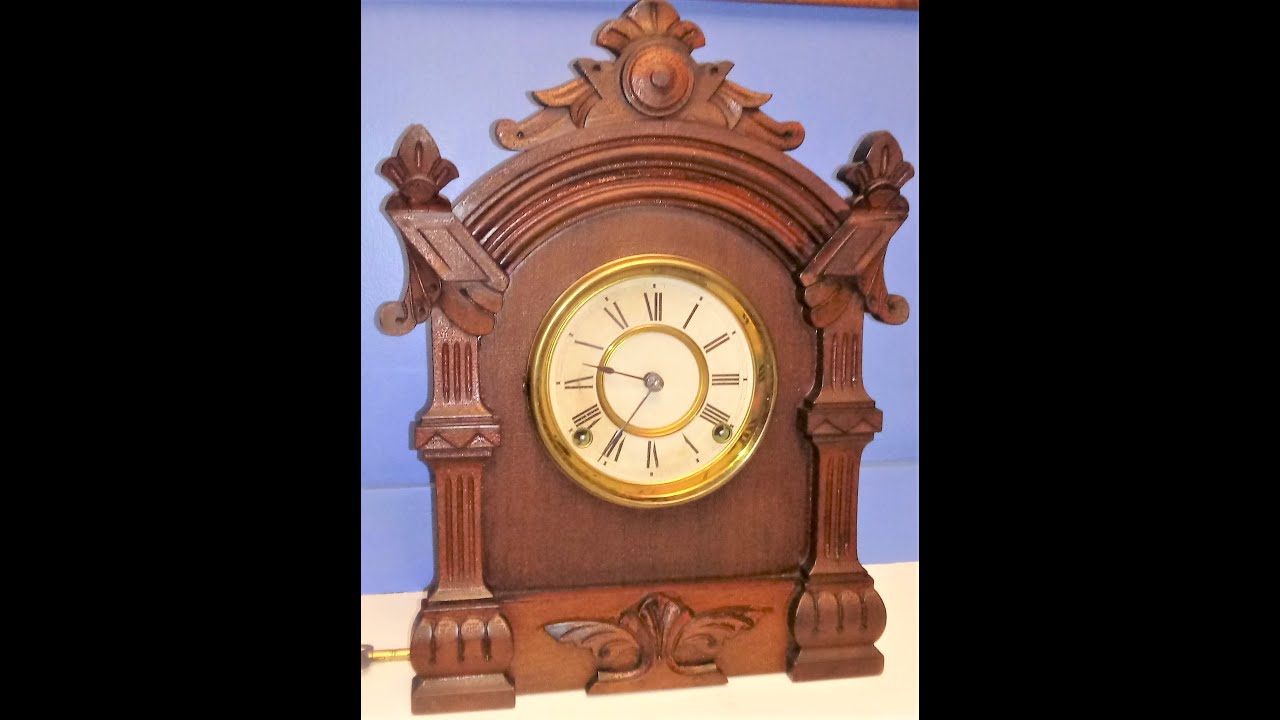 Detailed look at an Ansonia Trieste Mantel Clock Walnut Eastlake Design c. 1882 Victorian Austerity