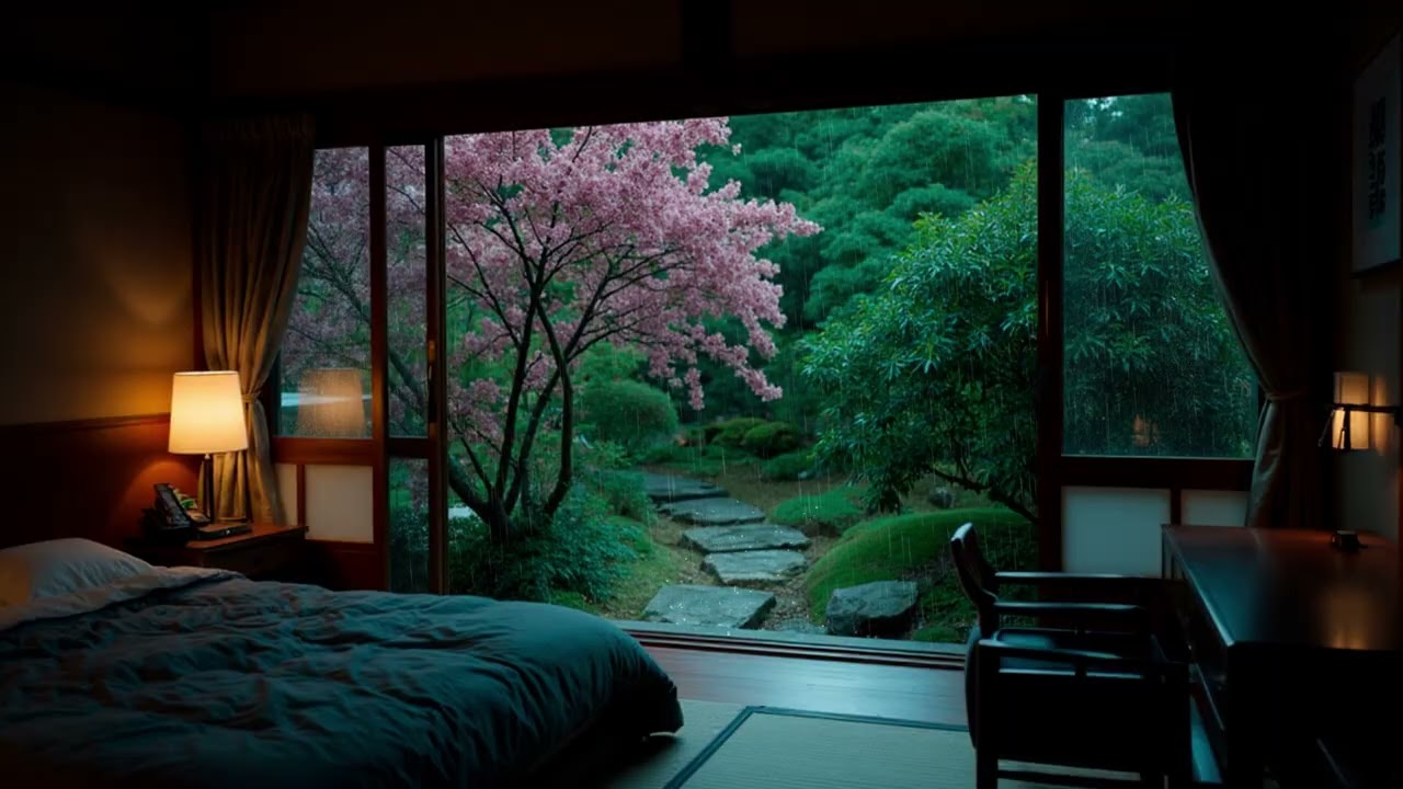 Heavy Rain at a Lush Ryokan Garden 🌧️ Pink Blossom Rain Ambience for Deep Sleep & Study
