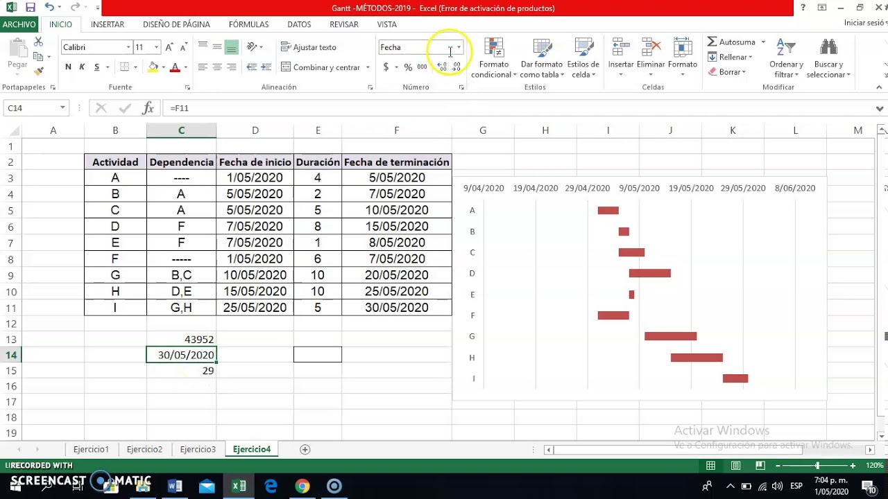 Diagrama de Gantt en excel cuando no dan la fecha de inicio