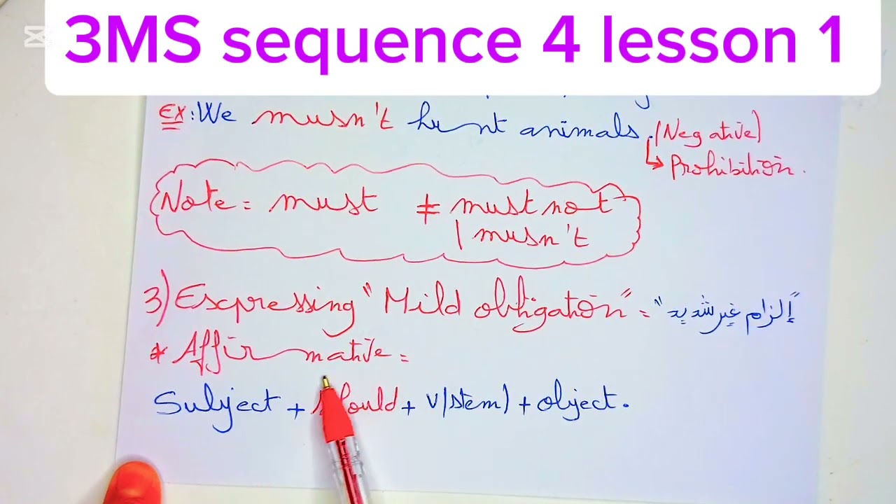 الدرس 1 للسنة الثالثة متوسط الوحدة الرابعة expressing obligation ,prohibition and mild obligation