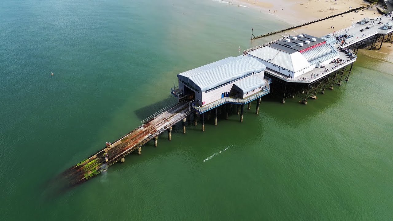 Aerial Drone footage of Cromer Pier, Norfolk, UK. 31/05/2025. Shot with DJI Mini 3.