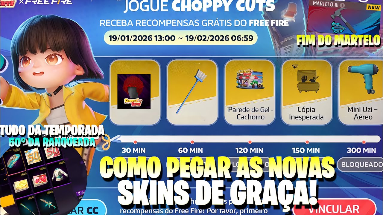 CORRE! COMO PEGAR AS NOVAS SKINS GRÁTIS! CALENDÁRIO SEMANAL FF, TEMPORADA 50° DA RANK,MARTELO E MAIS