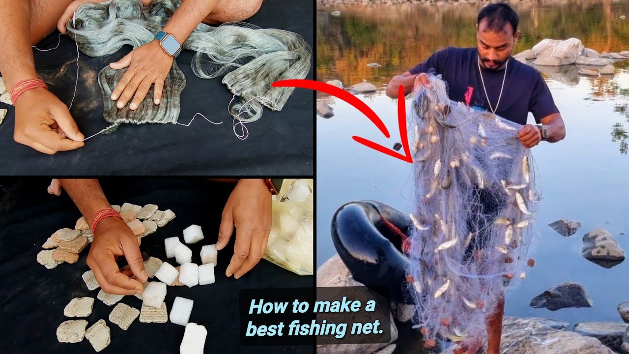 कम खर्च में पत्थर लगाकर फिशिंग नेट बनाने का तरीका || how to make a survival gill net.