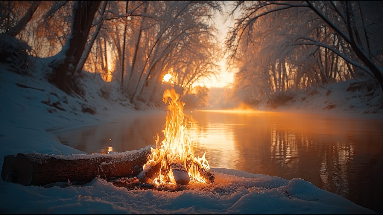 Peaceful Morning Riverside Campfire Ambience 🌲🔥 Cozy Crackling Fire, Calm Water Sounds & Birdsong