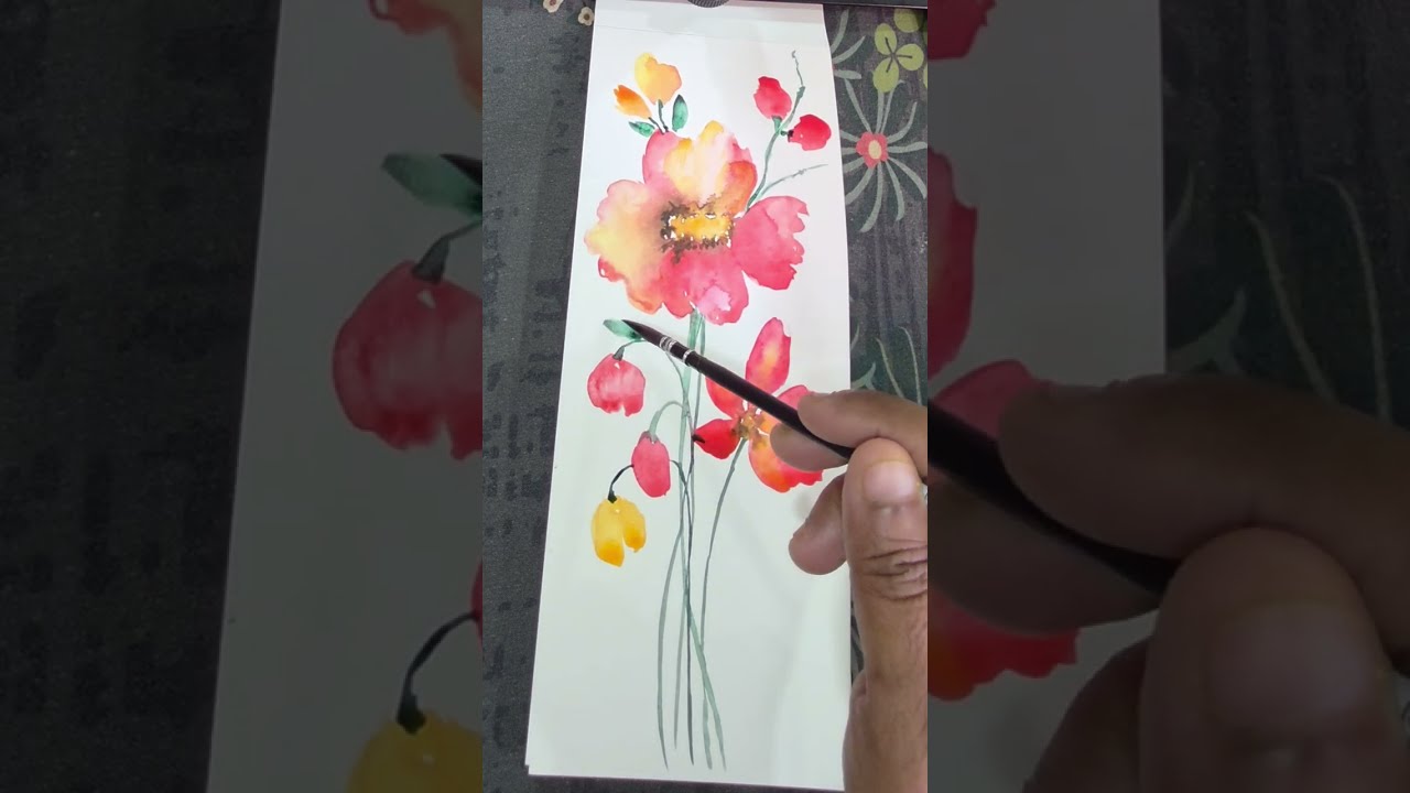Easy flower painted with watercolor by using sennelier mop brush 