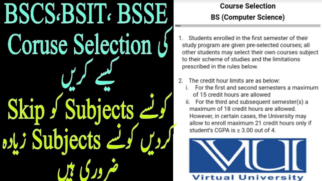 BSCS, BSIT and  BSSE Course Selection / Course Selection rules / Important Subjects / Fall 2021 /VU