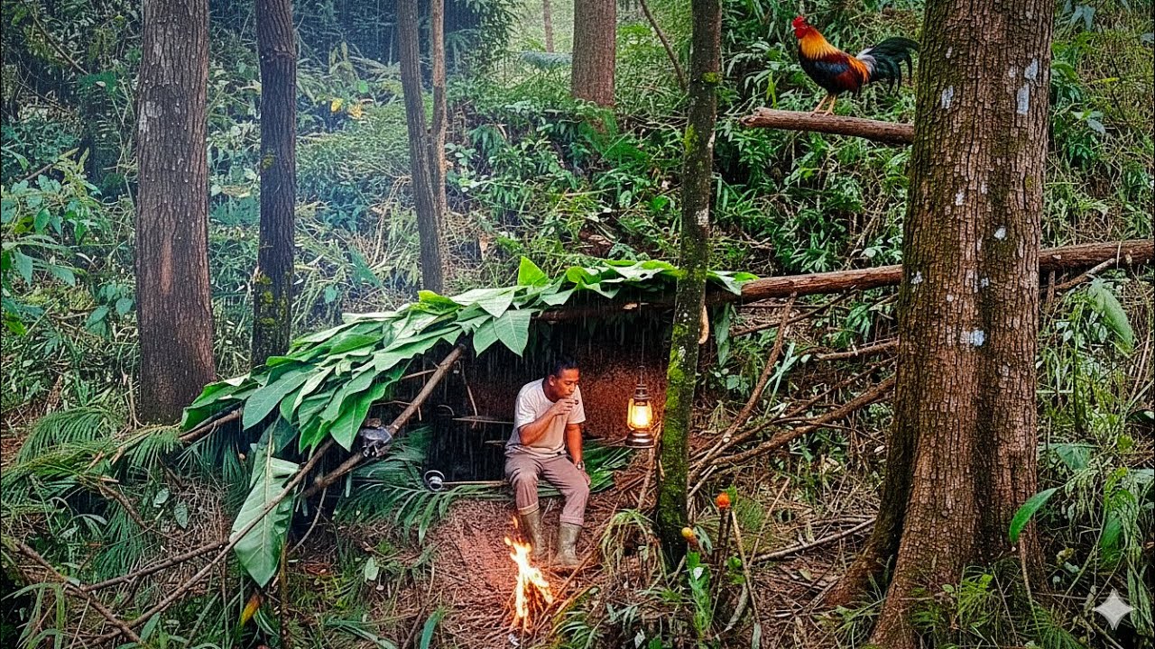 Solo bushcraft Making a shelter from taro leaves