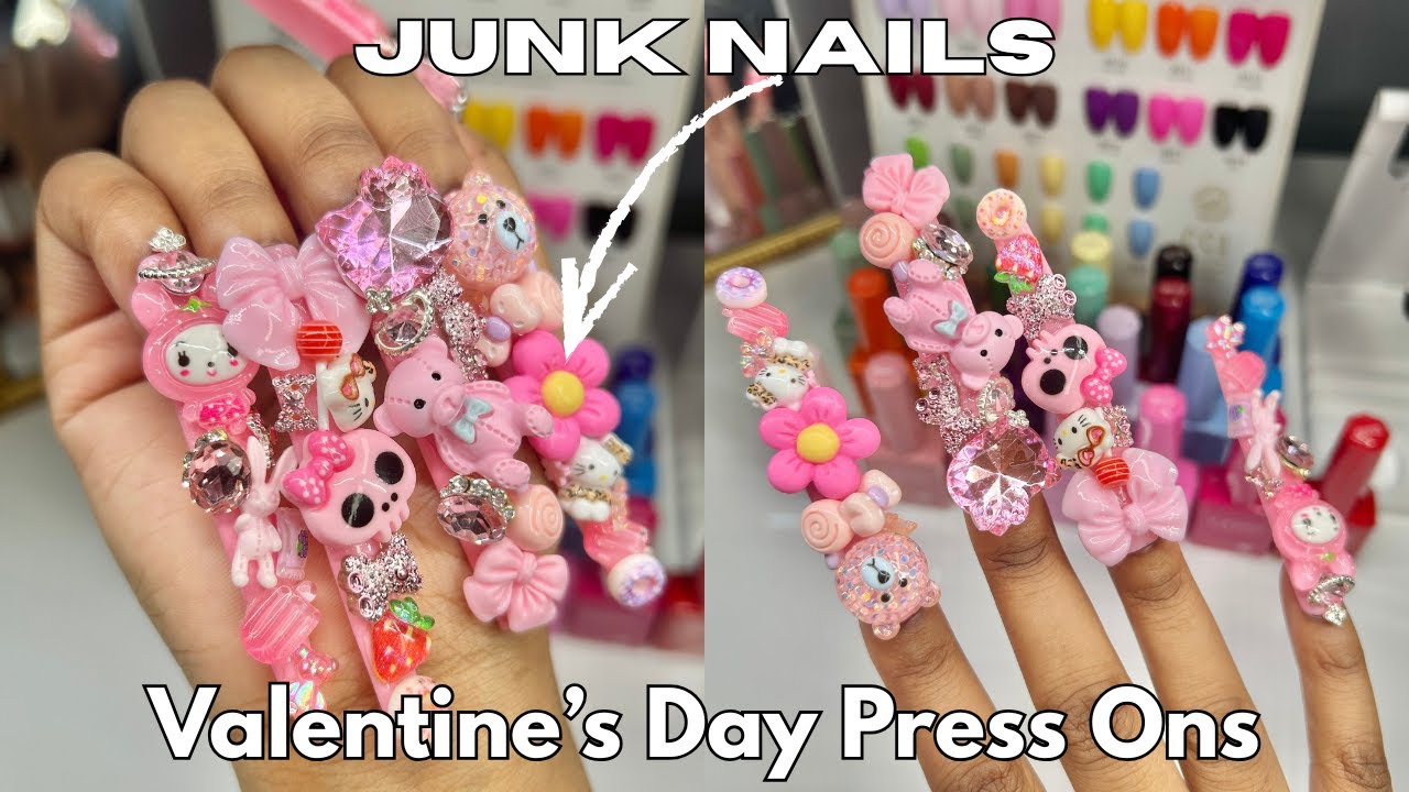 VALENTINE'S DAY PINK JUNK NAILS | Press On Nails | Nail Tutorial