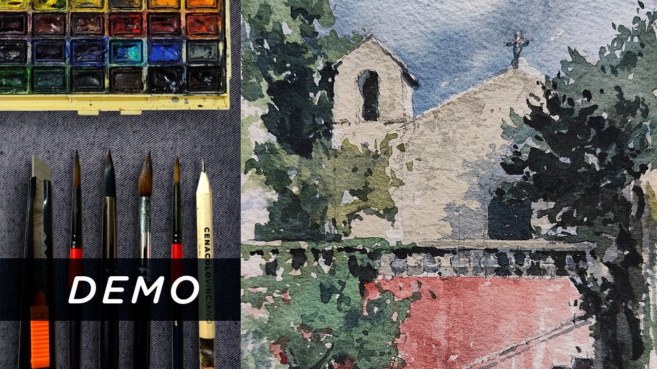 #Acuarela Proceso Completo | Pintando un Paisaje Urbano, con árboles, cielo y más detalles 