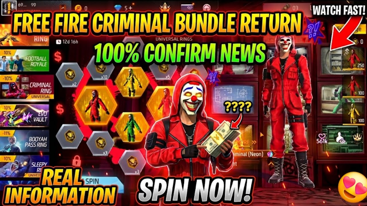 TOP CRIMINAL BUNDLE RETURN| RED CRIMINAL YELLOW CRIMINAL RETURN FREE FIRE| NEW EVENT UPCOMING EVENT