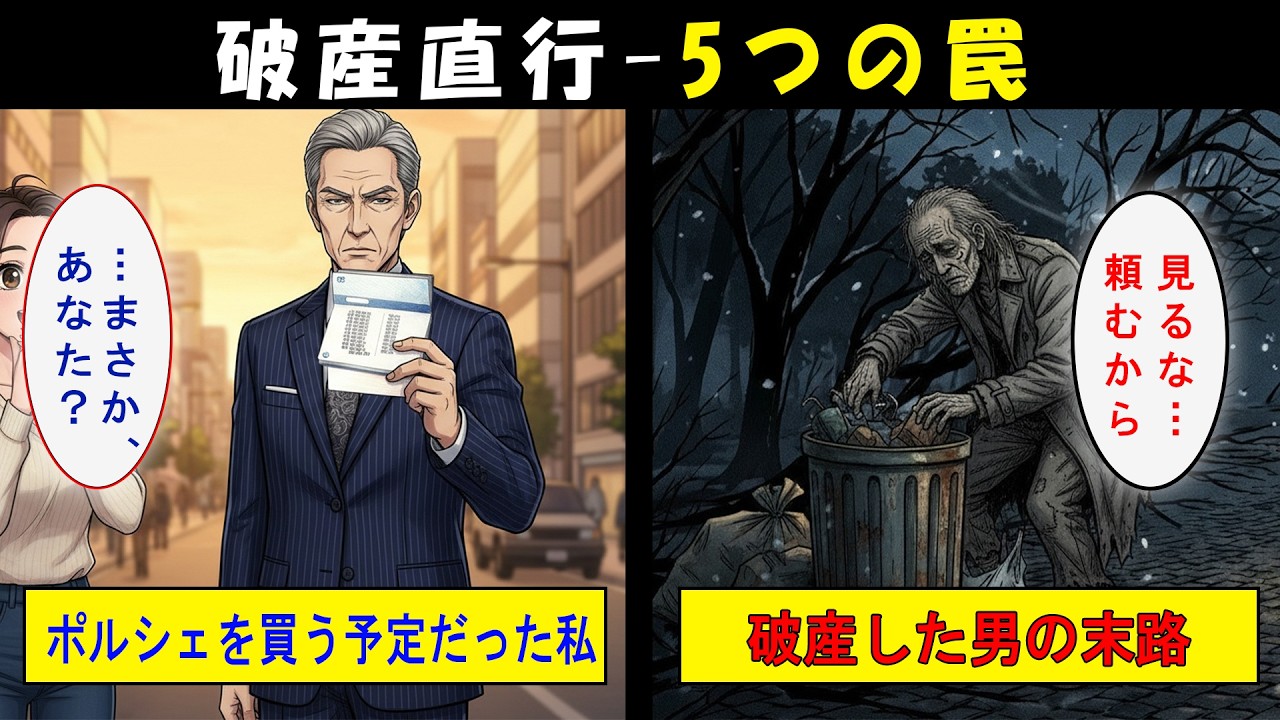 【漫画】深夜2時のコンビニ。ポルシェを買う予定の私が、ゴミを漁るホームレスの正体に気づいた瞬間、人生が終わりました。破産へ直行する5つの罠。