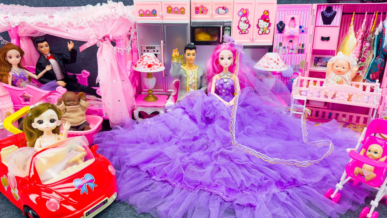20 Minutes Unboxing Purple Barbie Princess Wedding Dress Up, Pink Bed Canopy Playset Review Toys