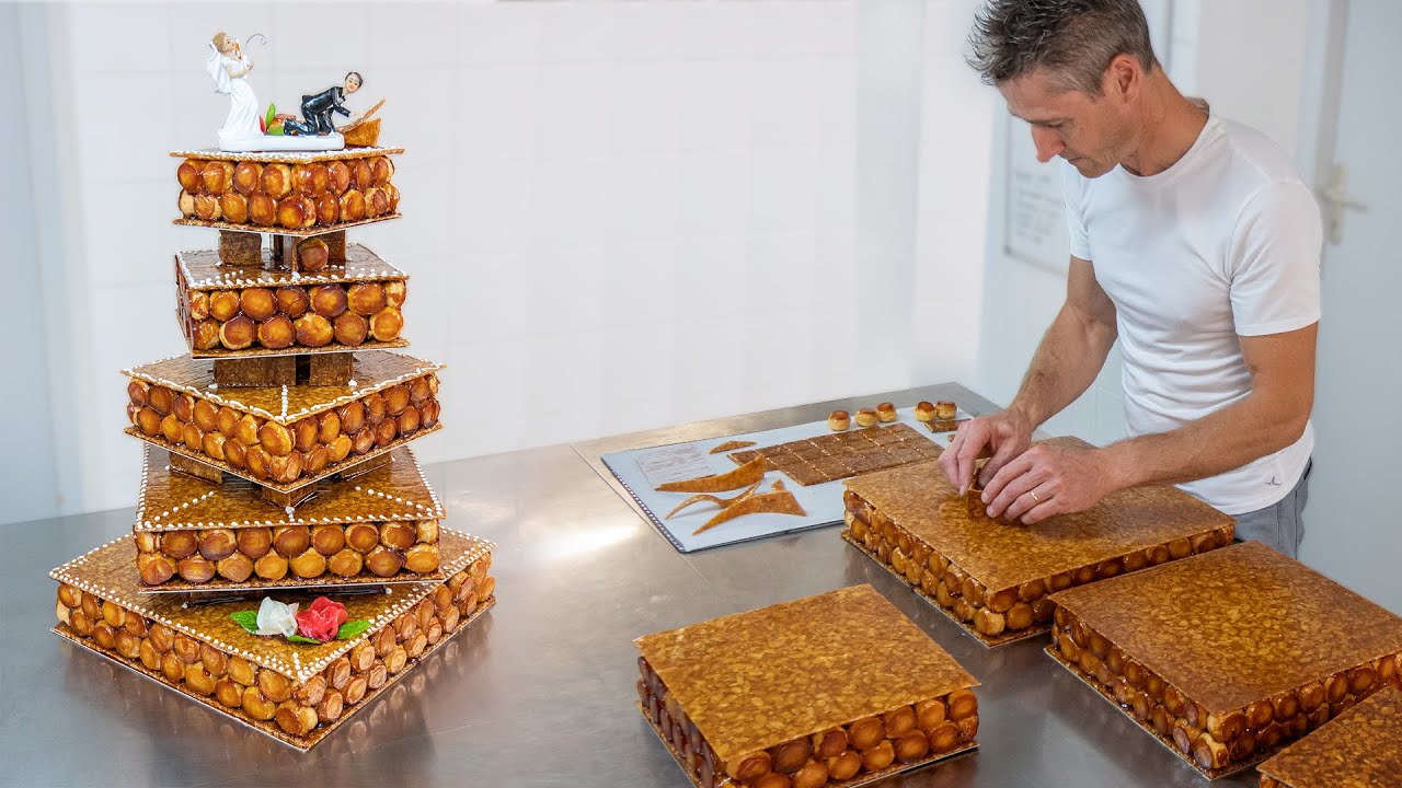 Création d'une pièce montée moderne en choux et nougatine - Pâtissier professionnel