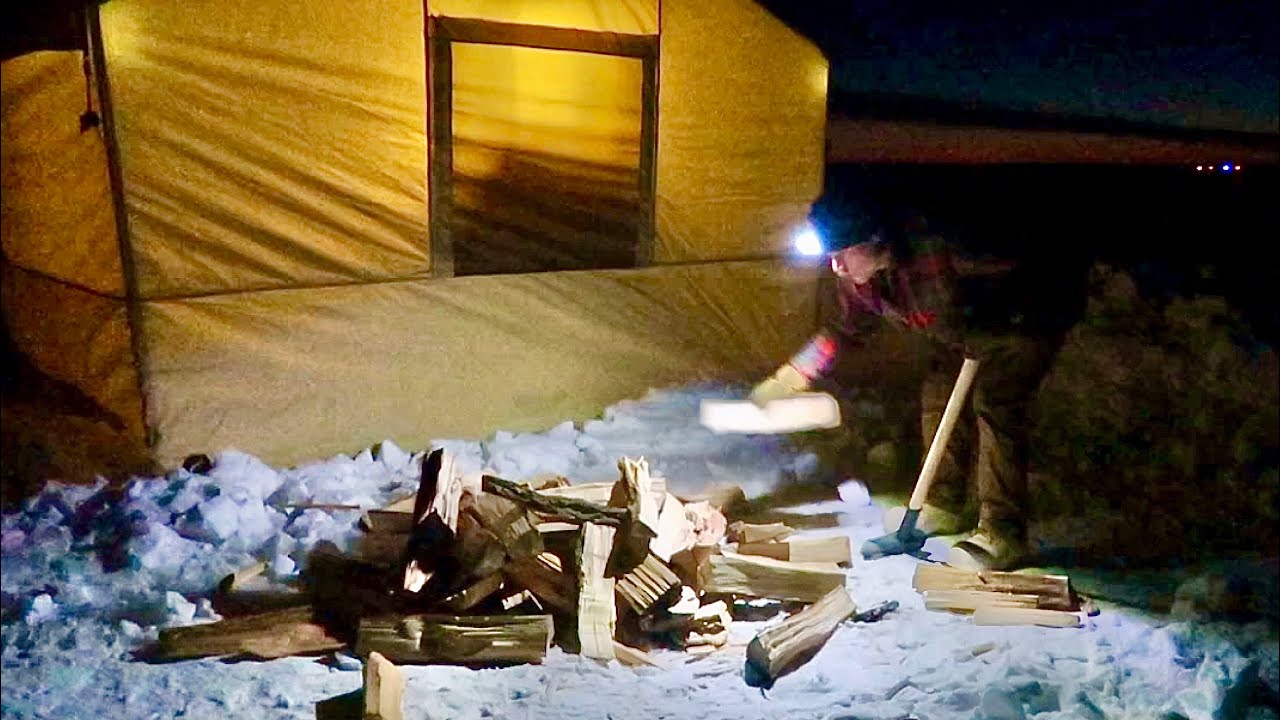 Wall Tent Camping With Wood Stove On Frozen Lake With Dad. Catch And Cook. Below Zero.