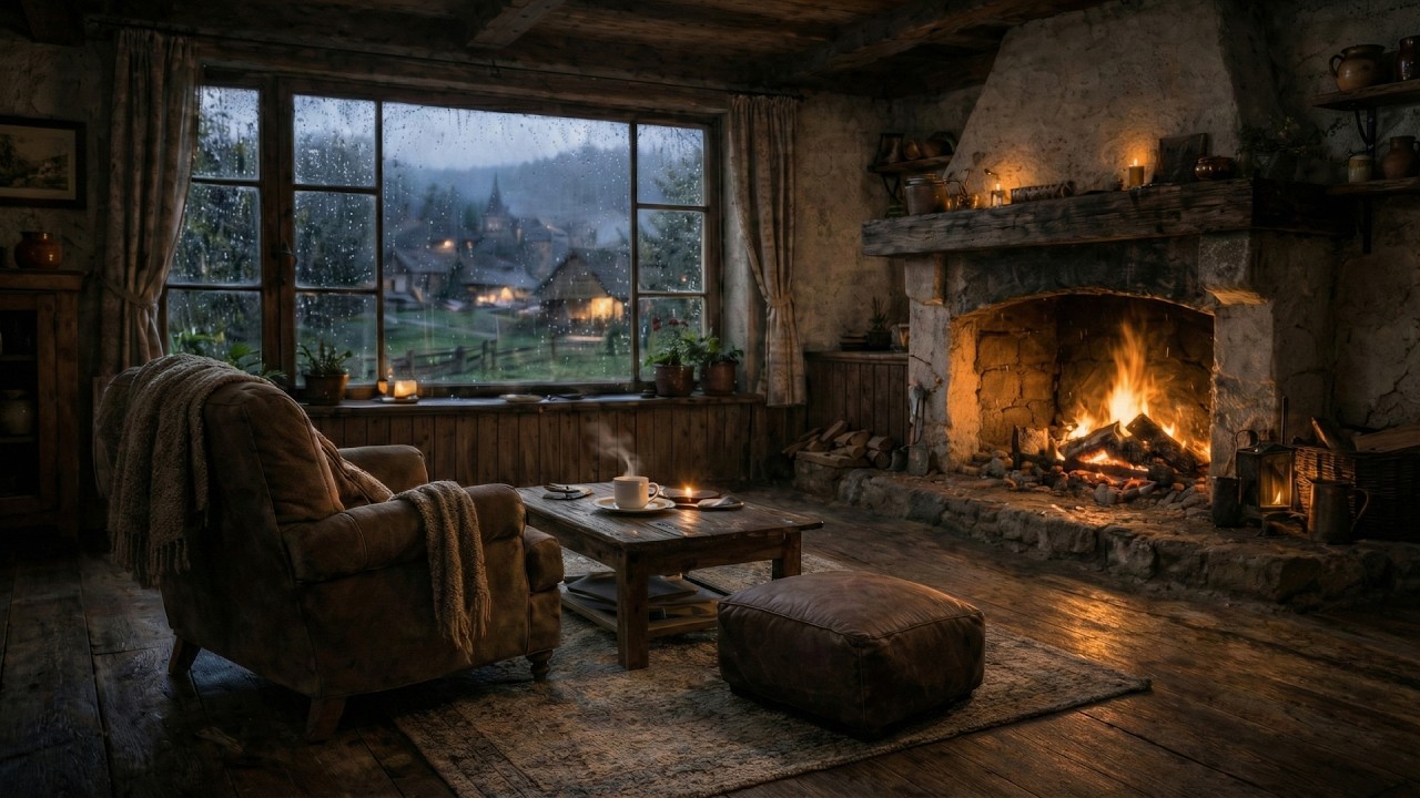 Gemütlicher Regenabend im deutschen Dorfhaus  Kaminfeuer & Regengeräusche zum Entspannen 4K Ambience