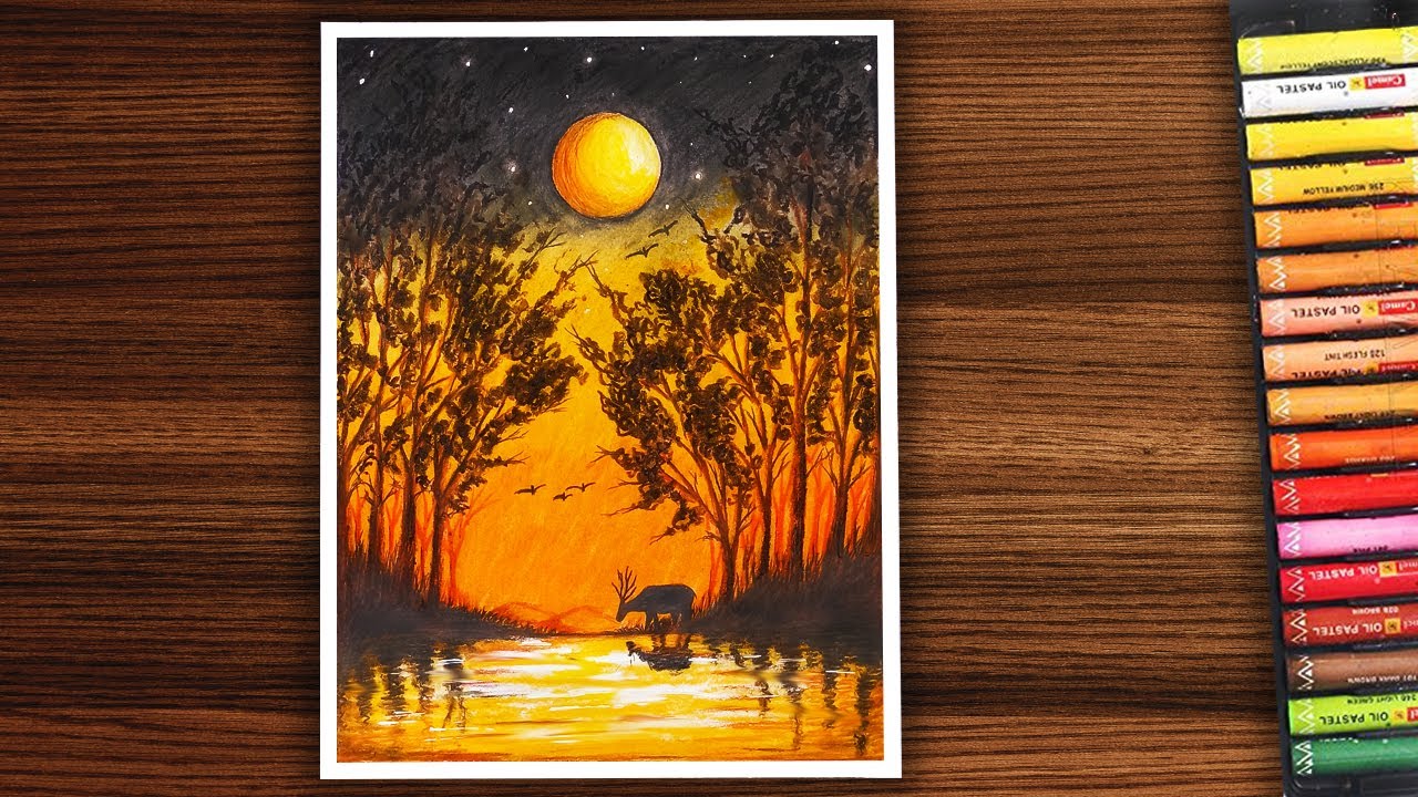 Natural scenery drawing |  Deer in forest drawing with oil pastel | Art with Tamim
