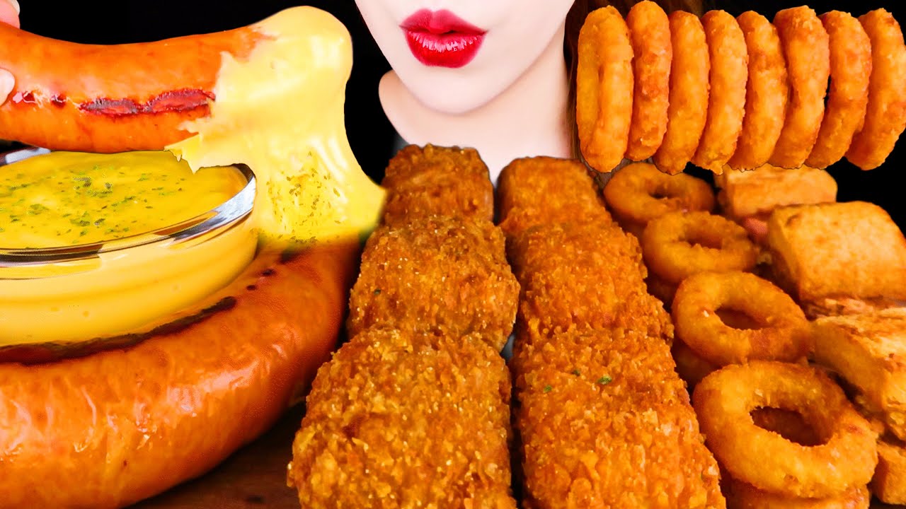 ASMR CRUNCHY *KIELBASA SAUSAGE, CHEESE CHICKEN, ONION RING, FRIED SHRIMP TOAST EATING SOUNDS MUKBANG