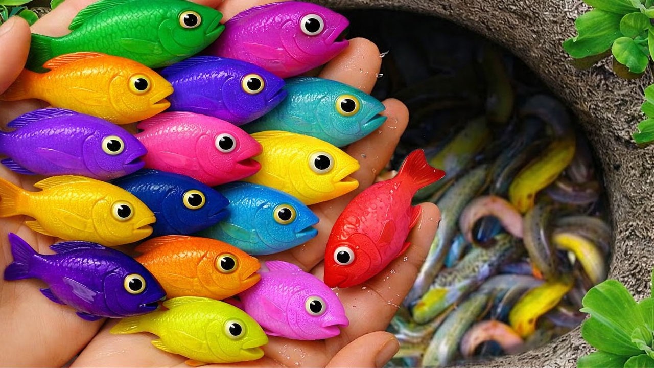 The incredible catch colorful aquarium fish in small pond:baby turtle, cute fish, cherry fish,spider