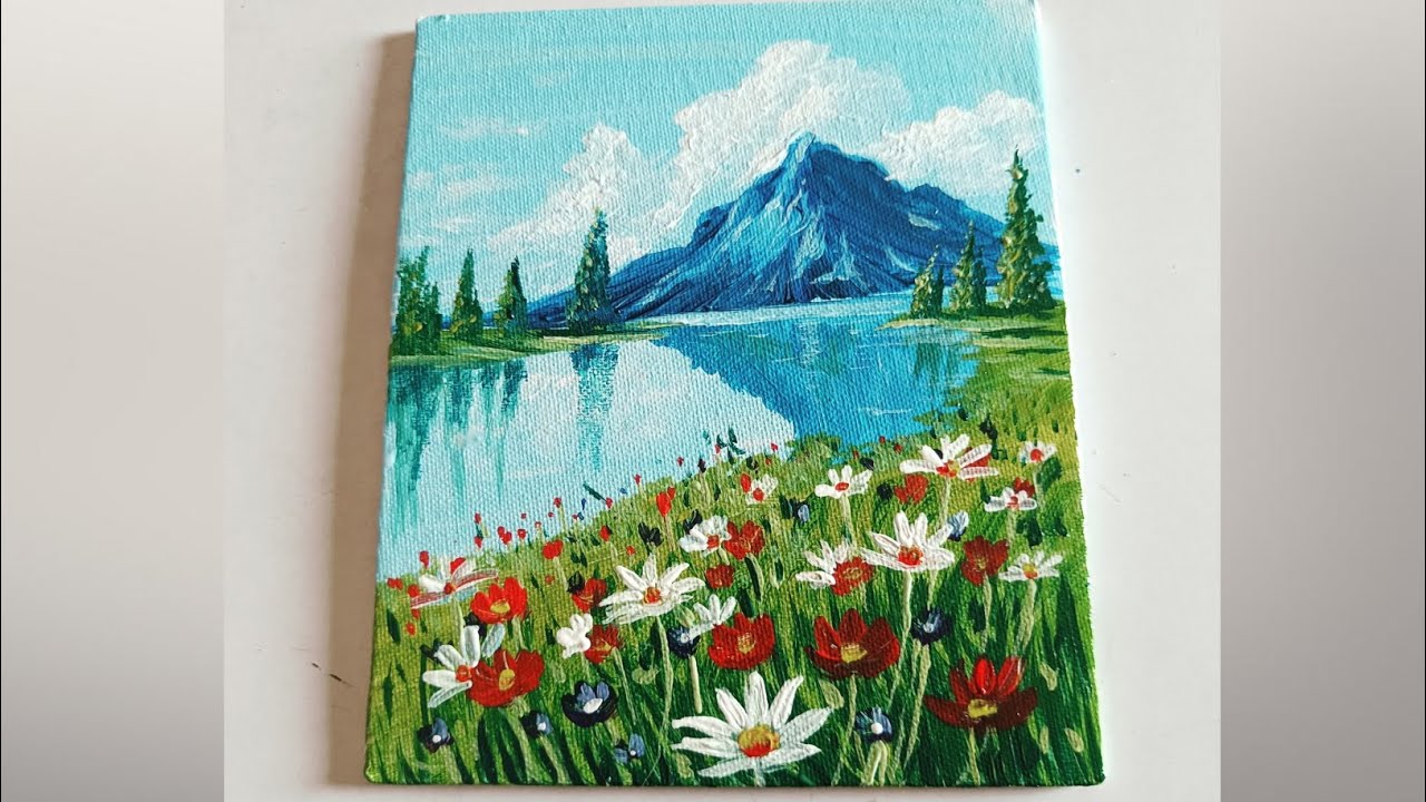 Still waters and wild flowers at a blue peak/acrylic painting 