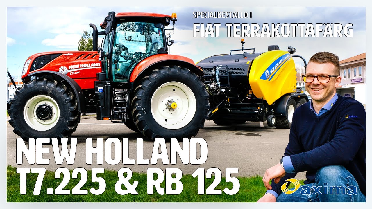 Staffan visar New Holland T7.225 i Fiat terrakottafärg, och New Holland RB 125