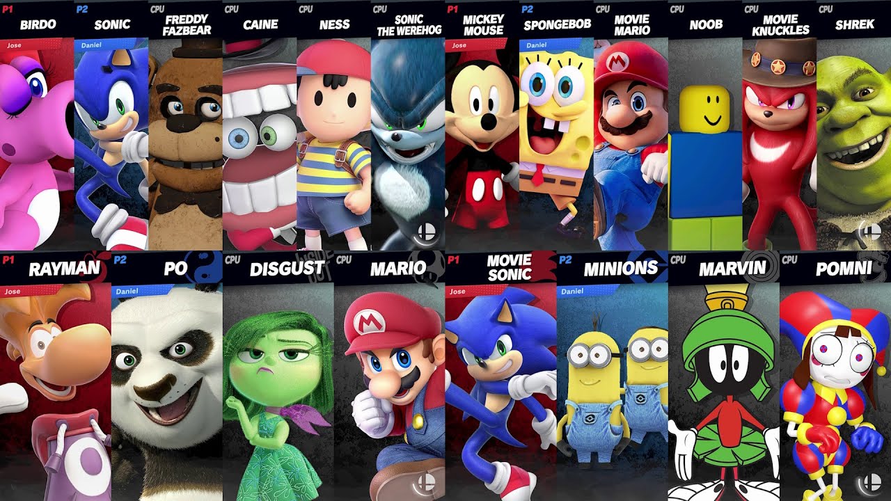 Sonic vs Minions vs Pomni | Mario vs Spongebob vs Noob vs Knuckles in Super Smash Bros Ultimate