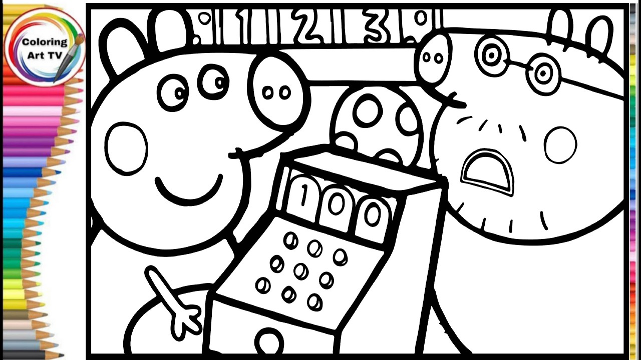 Peppa Pig learns how to write and do math _ Learn to draw and color a Peppa Pig page for kids