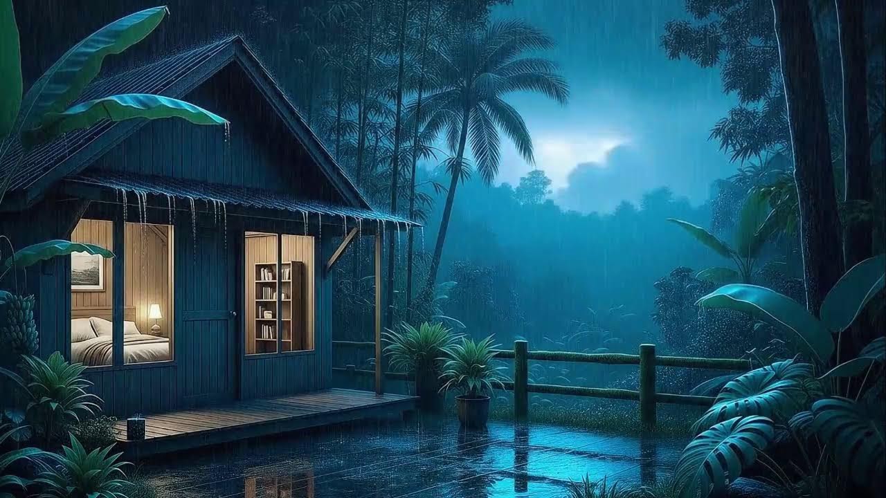 Rain and Distant Storm Slow Mind for Sleep in a Quiet Tropical Cabin 🌧️
