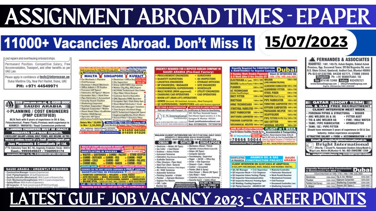 15 July 2023 Urgent Hiring for Gulf II Assignment Abroad Times  @career_points