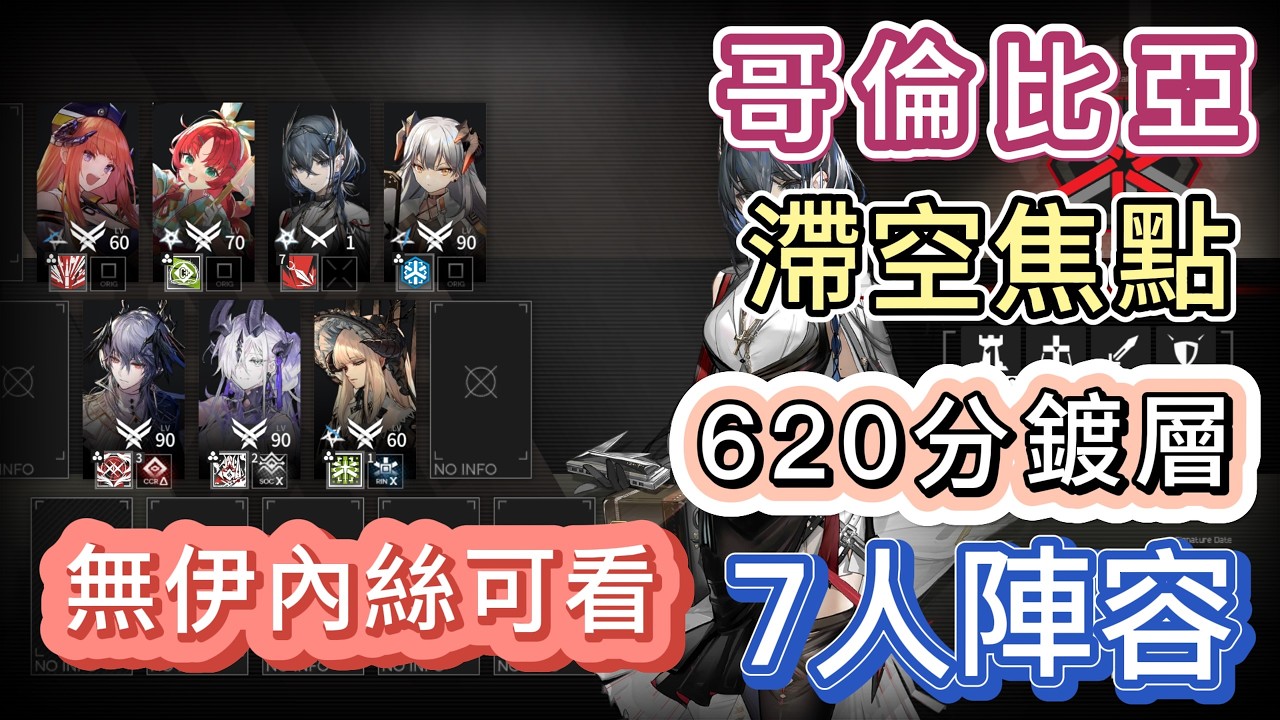 【明日方舟】哥倫比亞 滯空焦點「620分蝕刻章鍍層」7人陣容（Logos+死芒；無伊內絲可以看這份！）（弧光作戰 - 危機合約）|| Arknights