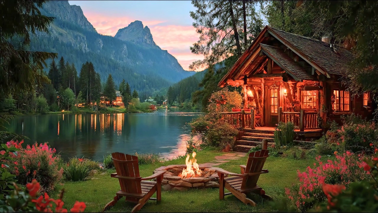 Cozy Spring Lake ambience at calm evening, Quiet Mountains, soothing waves with birds for relaxation