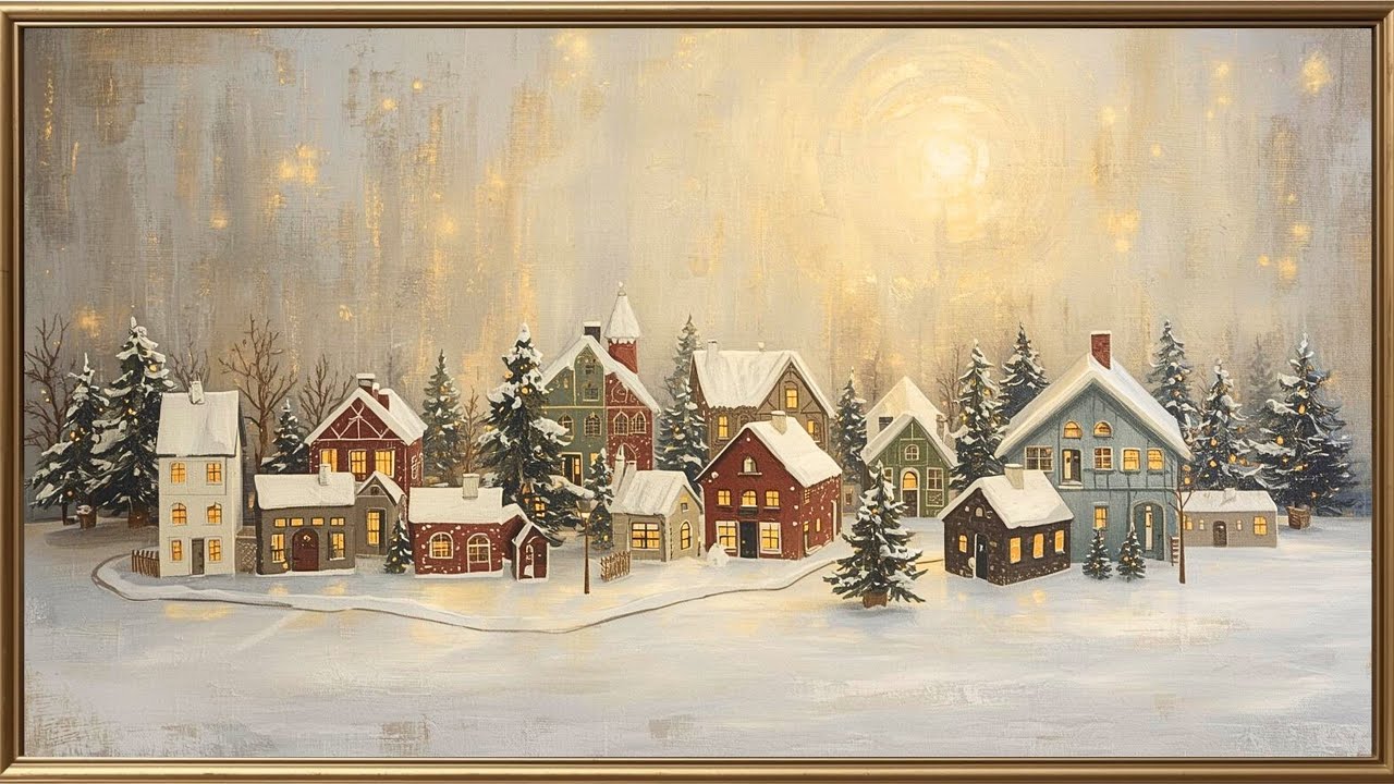 4K WINTER FRAME TV ART SCREENSAVER SNOWY CHRISTMAS VILLAGE PAINTING GOLD FRAMED HOLIDAY AMBIENCE