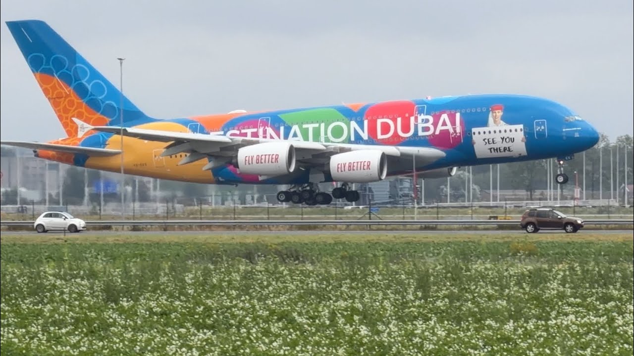 AIRBUS A380 EMIRATES DUBAI TO AMSTERDAM LANDING SCHIPHOL AIRPORT LIVERY A6EES #a380 #landing #viral