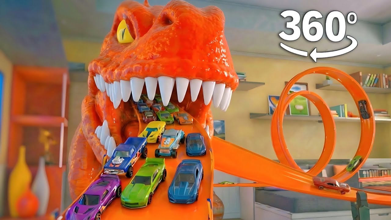 Hot Wheels vs. T-REX! 360° VR Dinosaur Track Race