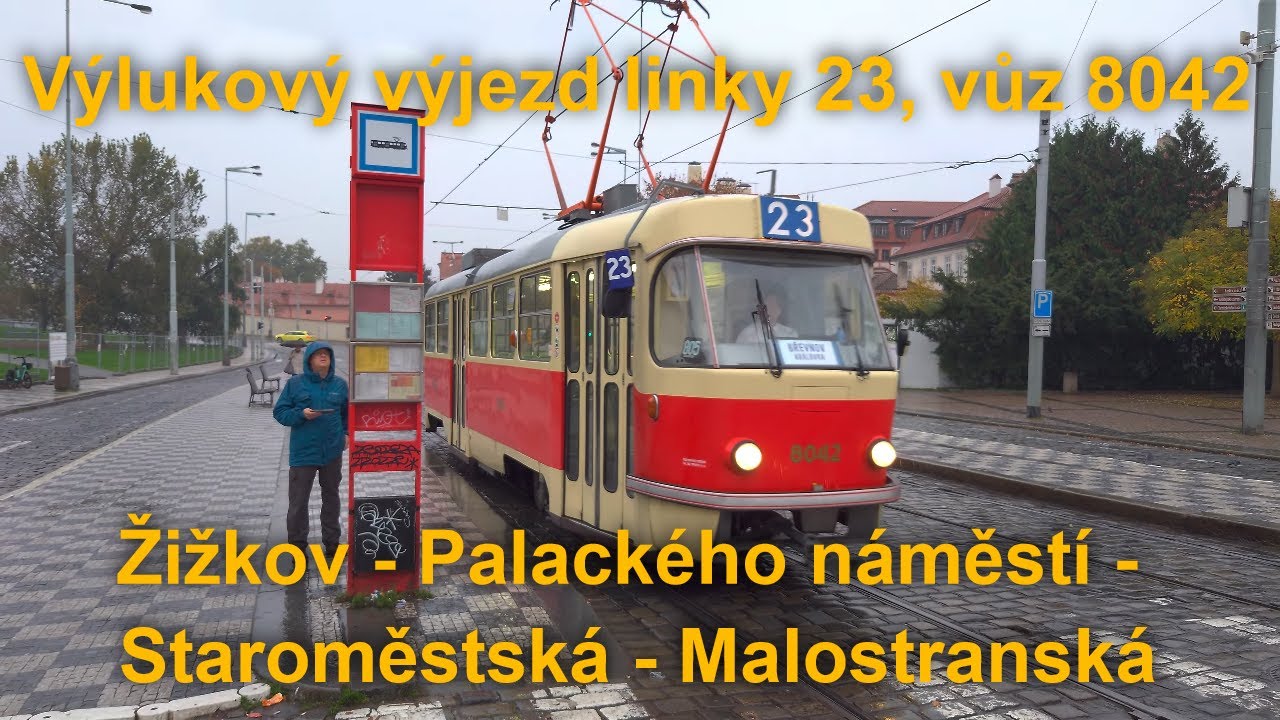 Linka 23, vůz 8042, výlukový výjezd přes Palackého náměstí, Staroměstskou ze Žižkova | 4K HDR