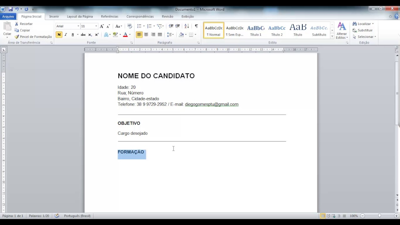 Criando um currículo do zero 0 passo a passo Word