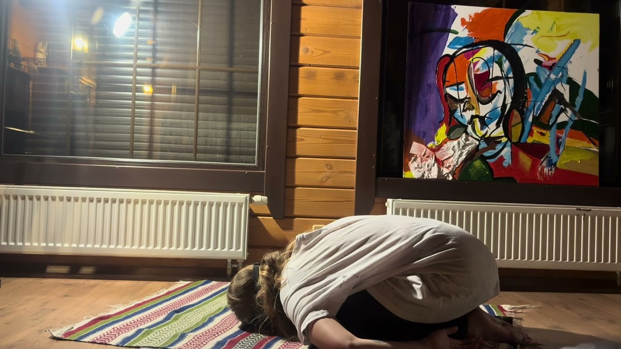 Blindfolded for 60 minutes Day 5 -  in a child's pose next to a painting in progress 