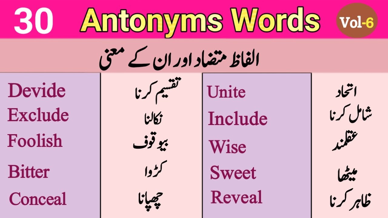 30 Important Antonyms Words with Urdu Meaning | English Vocabulary Lesson