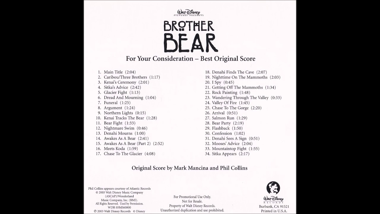 RARE Brother Bear Promo Soundtrack - 05 Glacier Fight [For Your Consideration]