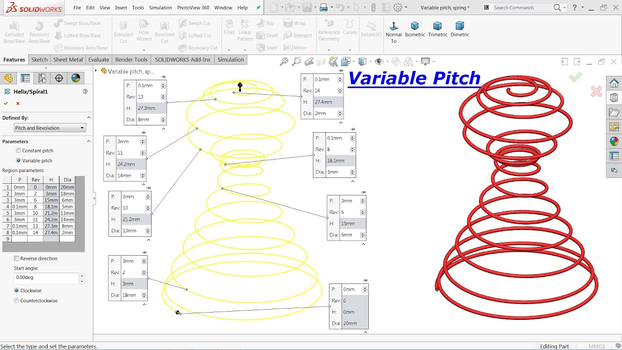 Helix Spiral, Variable Pitch spring in Solidworks