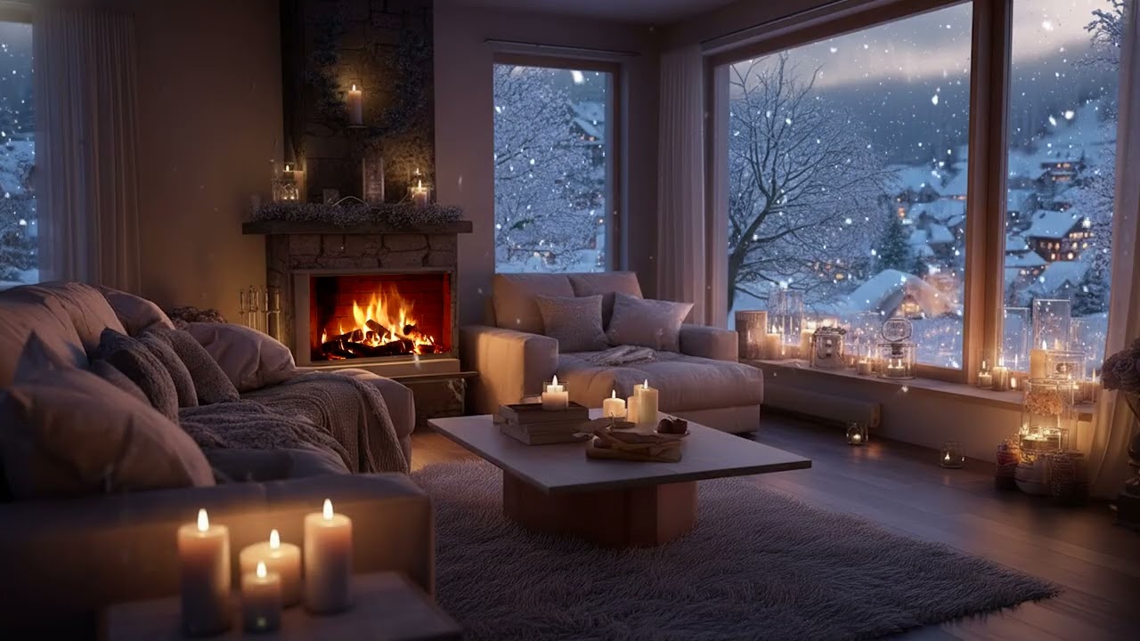 Peaceful Snowfall Cabin Piano Night | Fireplace Warmth for Relaxation
