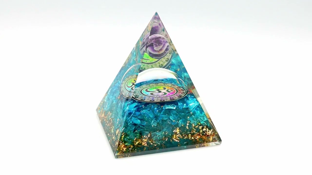 LULU'S BOX Orgone Amethyst Sphere Pyramid with OM Symbol + RGB Wood Lamp COMBO