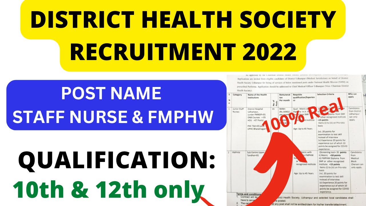 District Health Society Recruitment 2022 / District Wise Posts Out / Qualification: 10th & Diploma