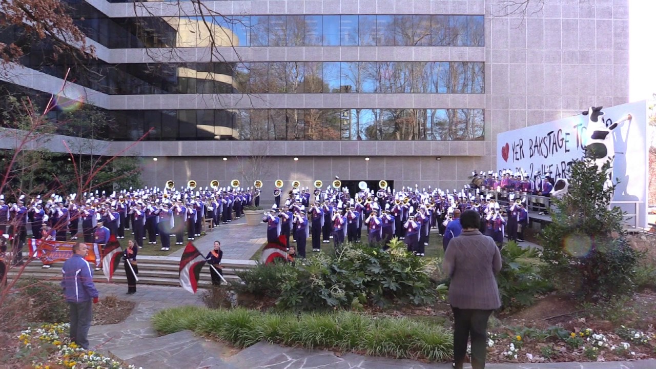 The Olentangy Orange Marching Pioneers perform at the Chick-fil-A  Headquarters