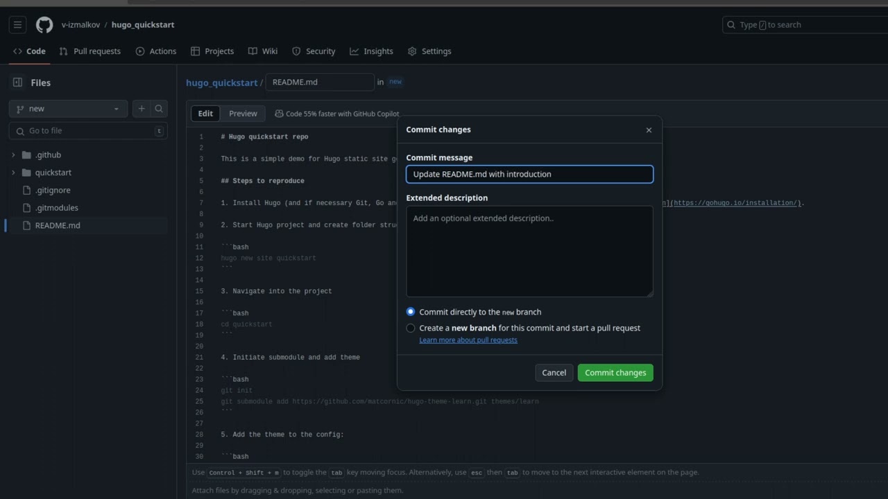 A demo video of GitHub operations: fork, branch, PR creation