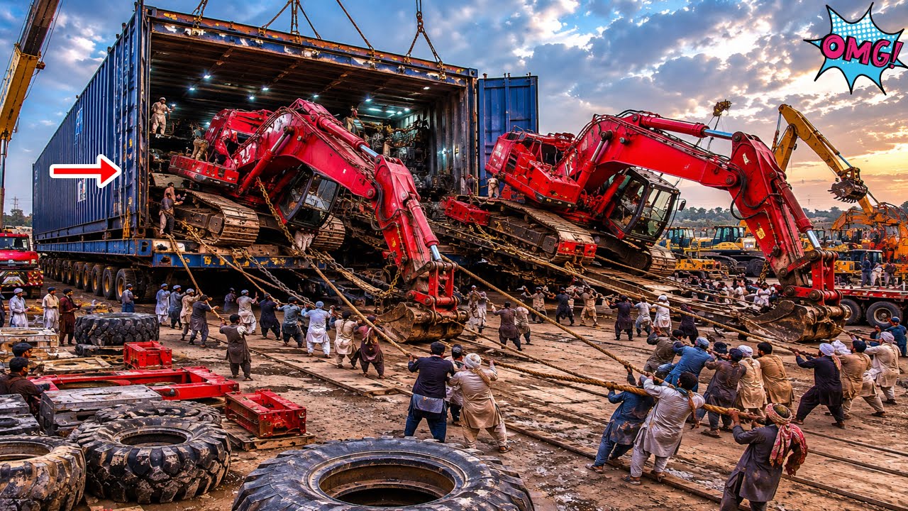 Massive Excavators Shipped From USA! Pakistan Workers Unload Giant Machines From Container