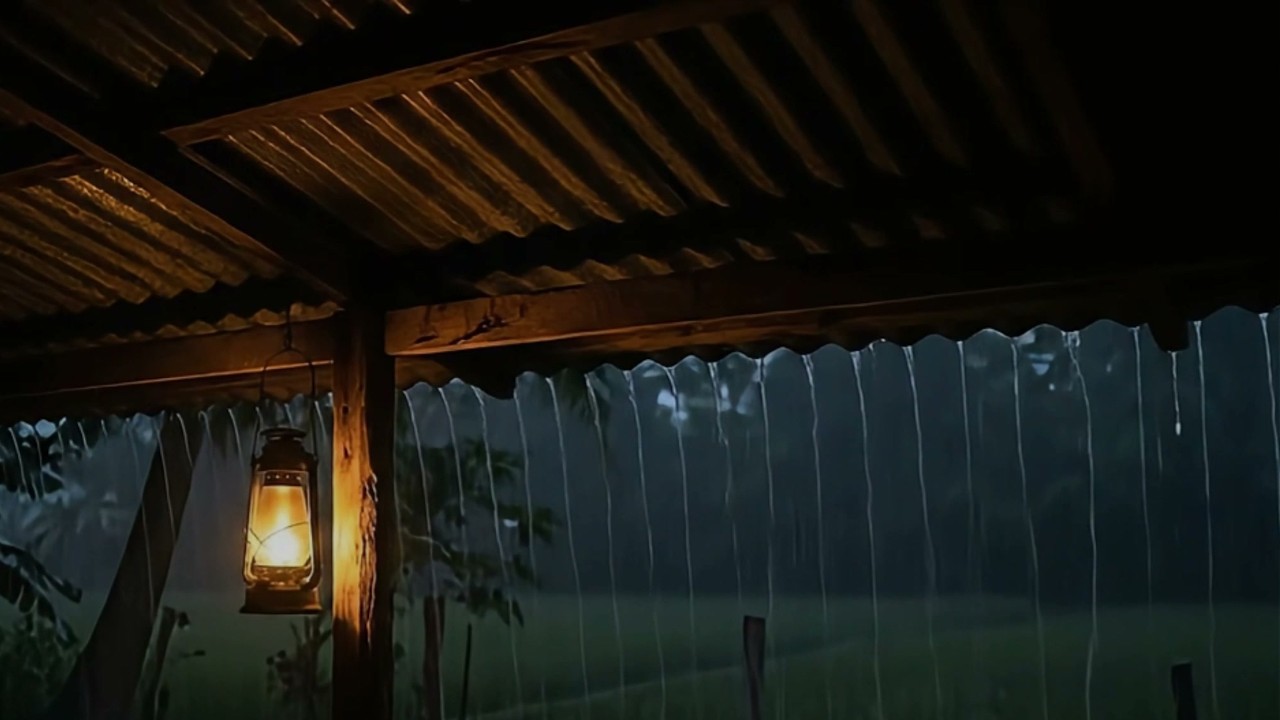 Heavy Night Rain Under a Tin Roof Near Farmland | Overnight Ambience