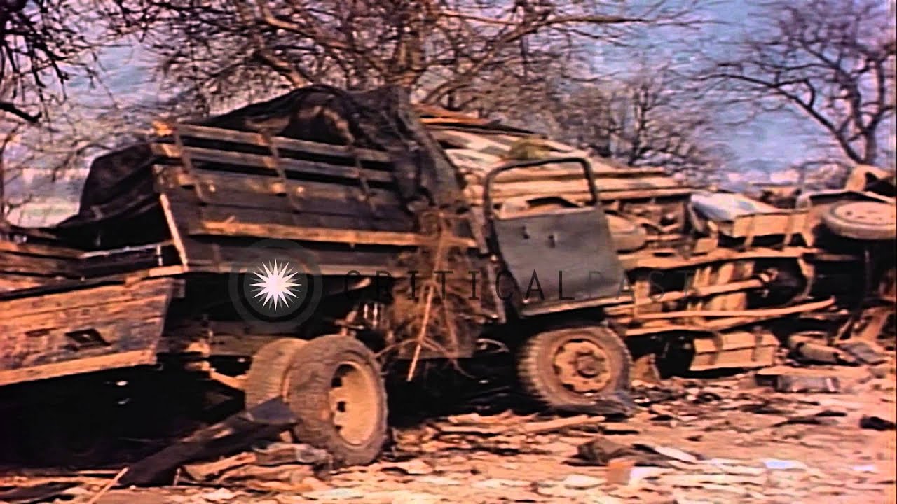 View of wrecked vehicles in Cologne City in Germany during World War 2 HD Stock Footage