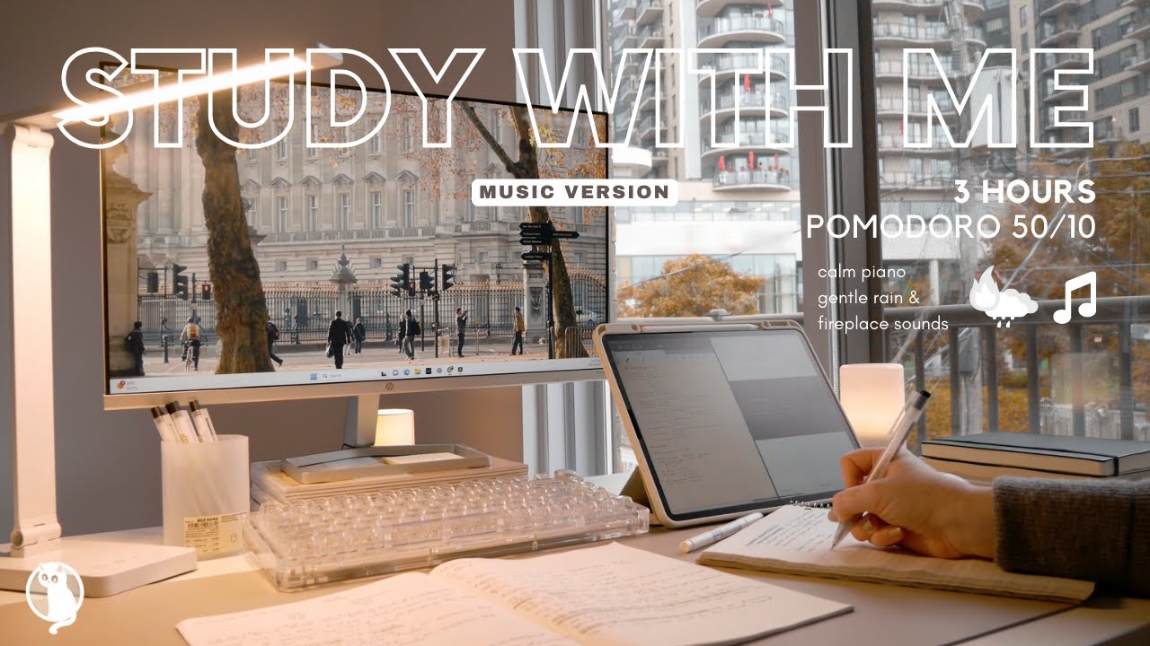 3-HOUR STUDY WITH ME [Music ver.] Pomodoro 50/10 🎹 Gentle Piano Music 🌧️🔥 Rain & Fire⏱️timer + bell