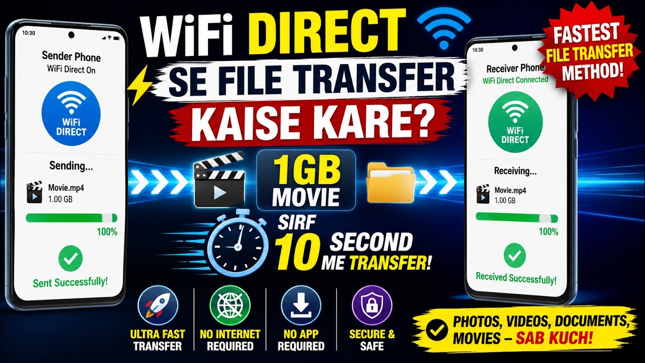 WiFi Direct Se File Transfer Kaise Kare 1GB Movie Sirf 10 Second Me Transfer | Fastest File Transfer